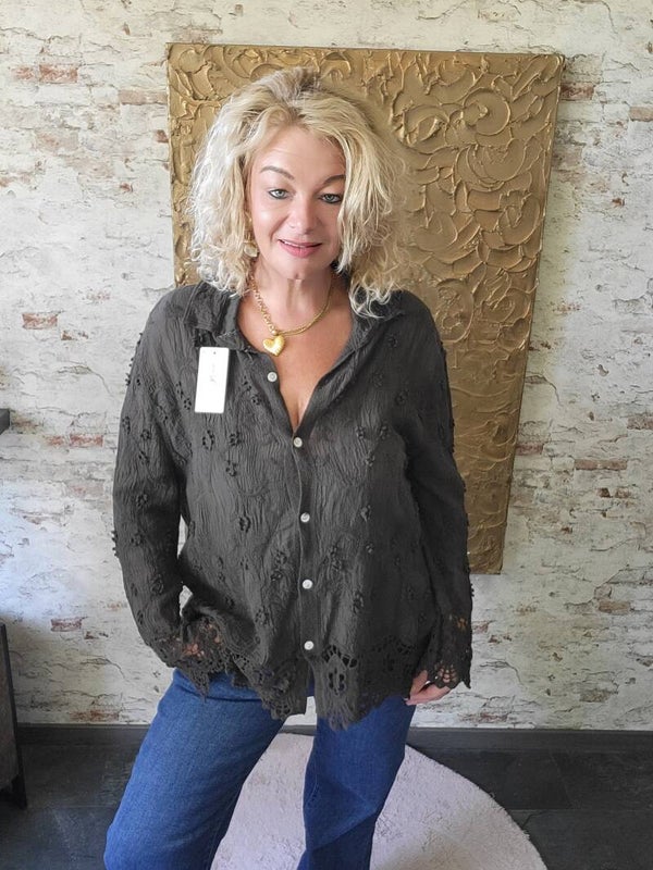 Blouse kanten mouw bruin