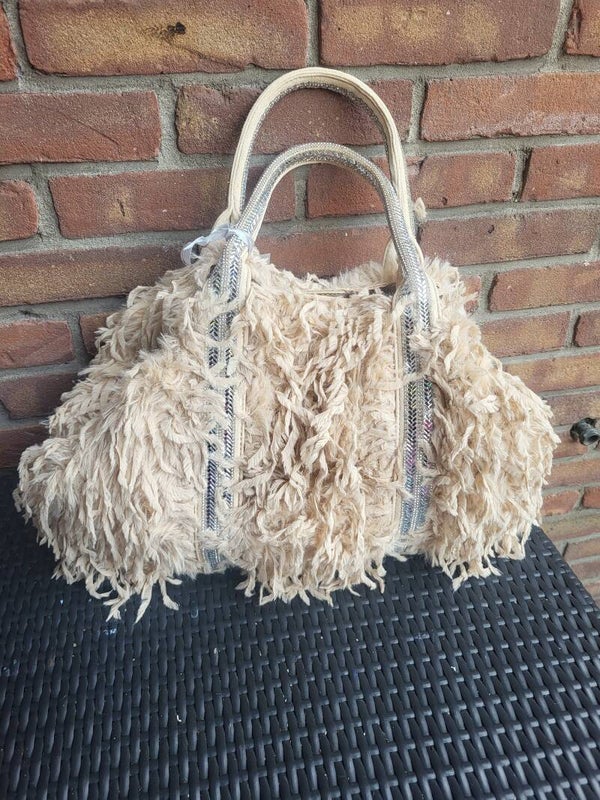 Fluffy handtas bling beige