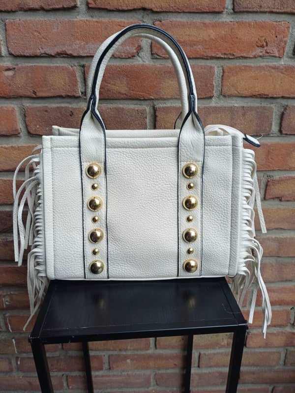 Handtas studs met franjes creme