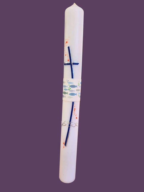 Taufkerze Classic (mit Schachtel). Zartes Kreuz mit Fische