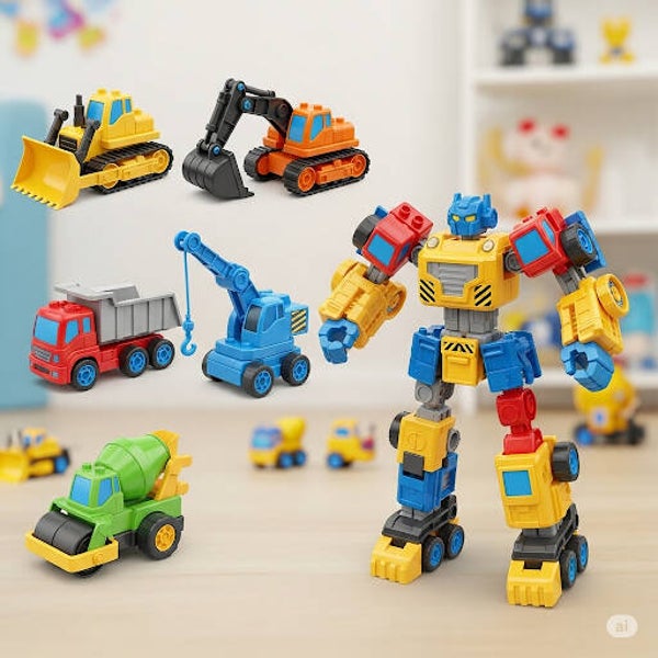 6-in-1 Transforming Magnetic Robot & construction Vehicles
