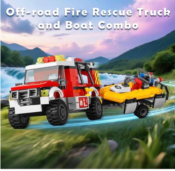 Off-road Fire Rescue Truck & Boat Combo Building Block Play Set
