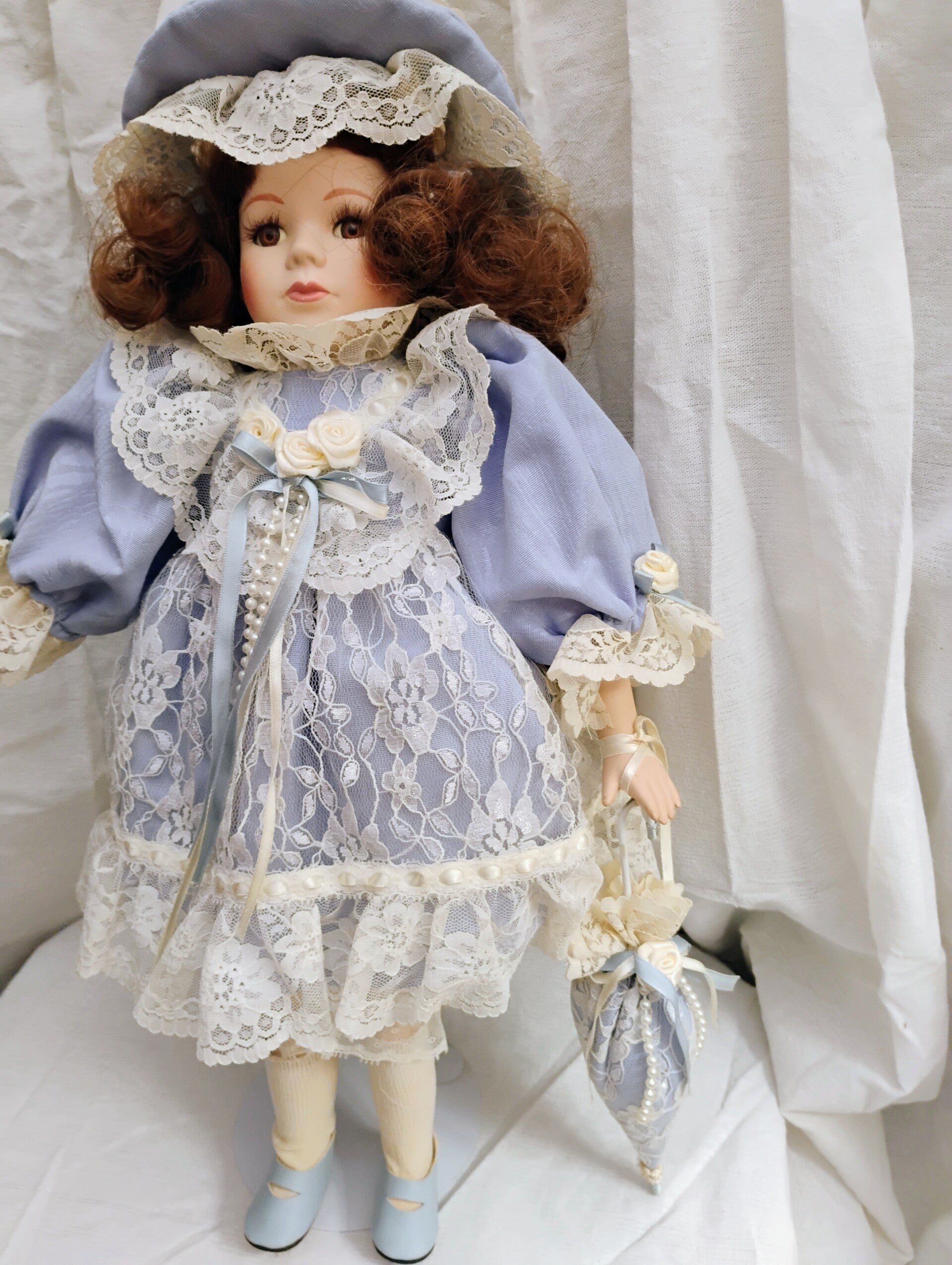 Vintage 16" Porcelain Collector Doll Blue Periwinkle Dress Bonnet & Parasol