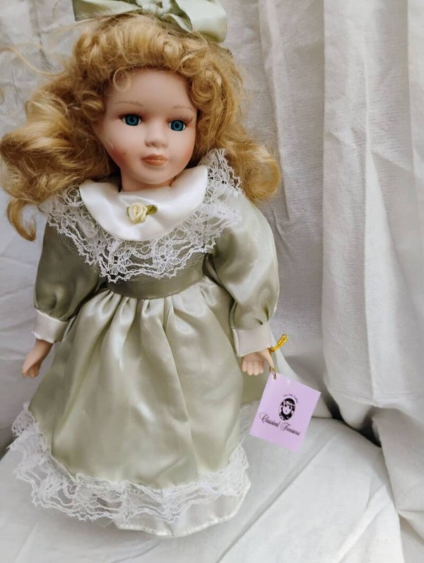 The Doll Crafter Classical Treasures Porcelain Doll 16" Blonde Green Satin Dress