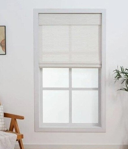 White Cordless Bamboo Roller Blinds - 46"W x 72"H - Minimalist No-Valance Design NEW