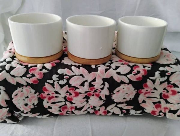 White Ceramic Planters w/ Bamboo Bases - Set of 3 (Brand New)