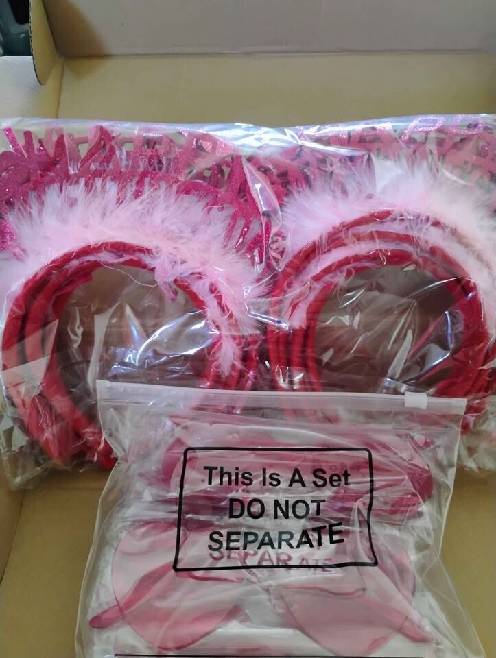 24-Piece Happy Galentine's Day & Bachelorette Party Decor Set – 12 Feathery Headbands/12 Pink Glass NEW