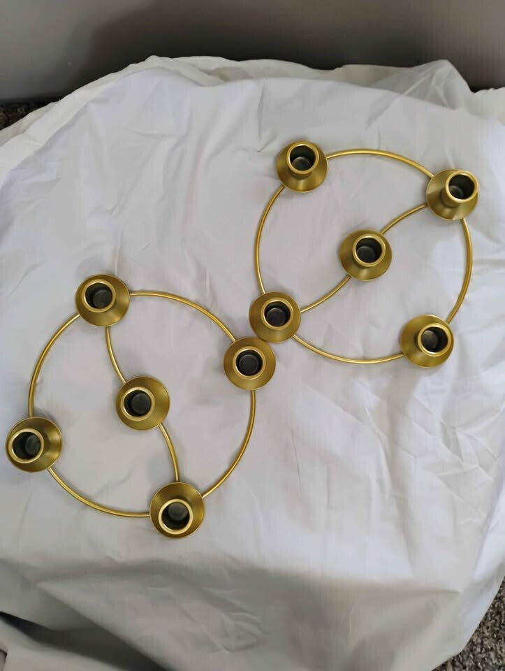 New- Gold Metal Circular Taper Candle Holders (Set of 2) Geometric Ring Design 5 Cup Holders
