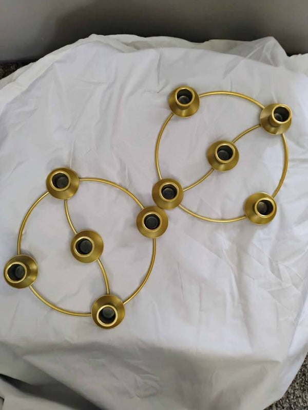 New- Gold Metal Circular Taper Candle Holders (Set of 2) Geometric Ring Design 5 Cup Holders