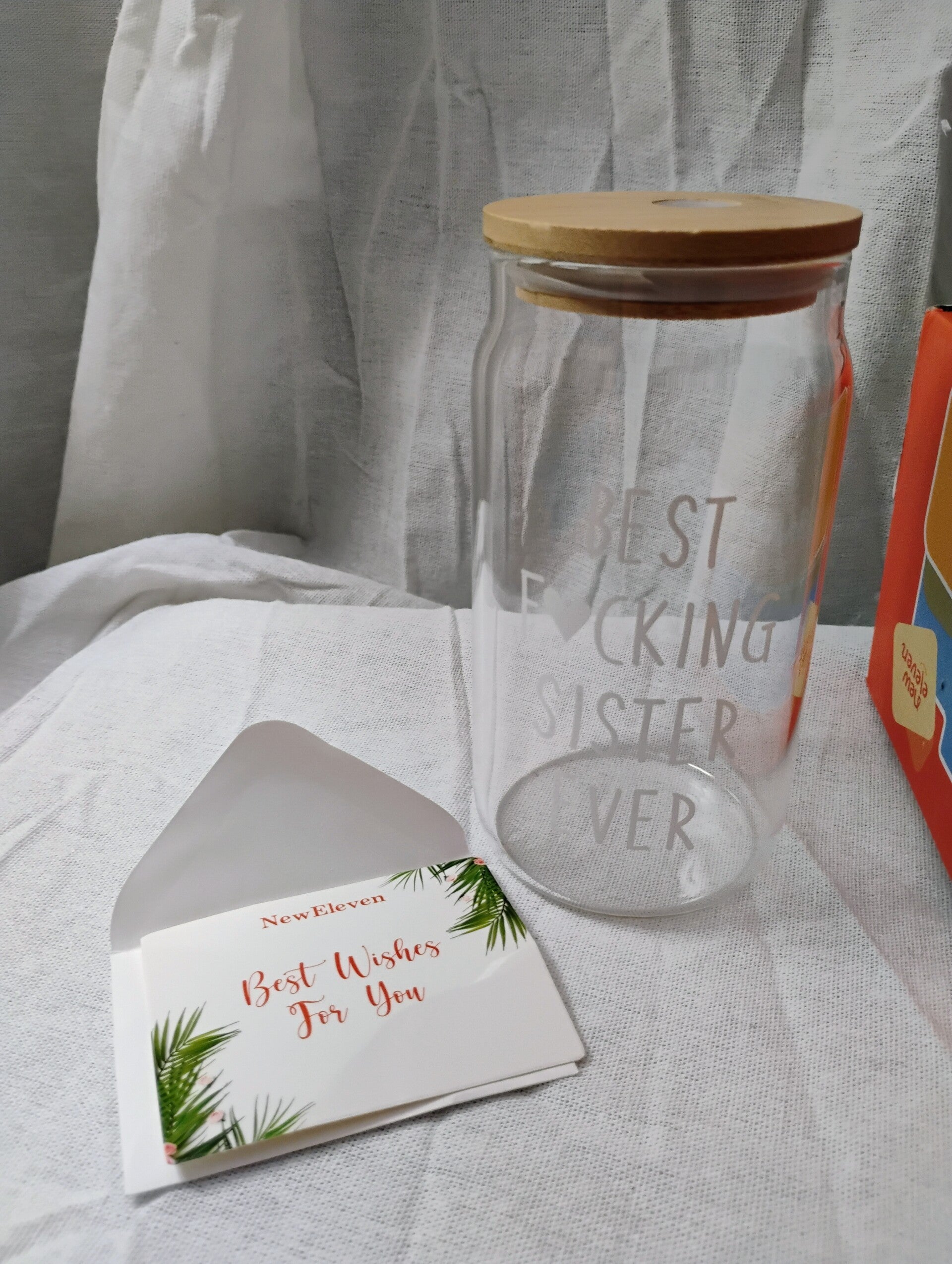 New Eleven "Best F♥︎cking Sister Ever" 16oz Can-Shaped Glass Tumbler Gift Set – Includes Bamboo Lid, 2 Glass Straws, Cleaning Brush, and Gift Card
