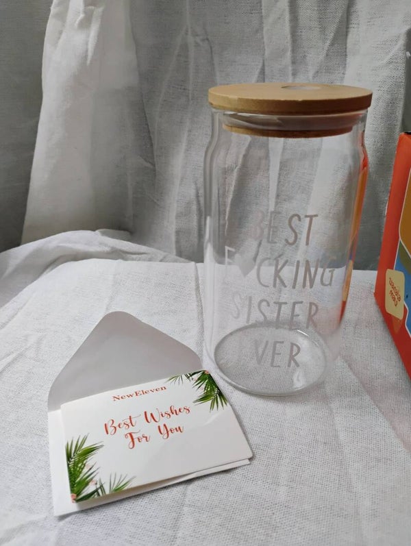 New Eleven "Best F♥︎cking Sister Ever" 16oz Can-Shaped Glass Tumbler Gift Set – Includes Bamboo Lid, 2 Glass Straws, Cleaning Brush, and Gift Card