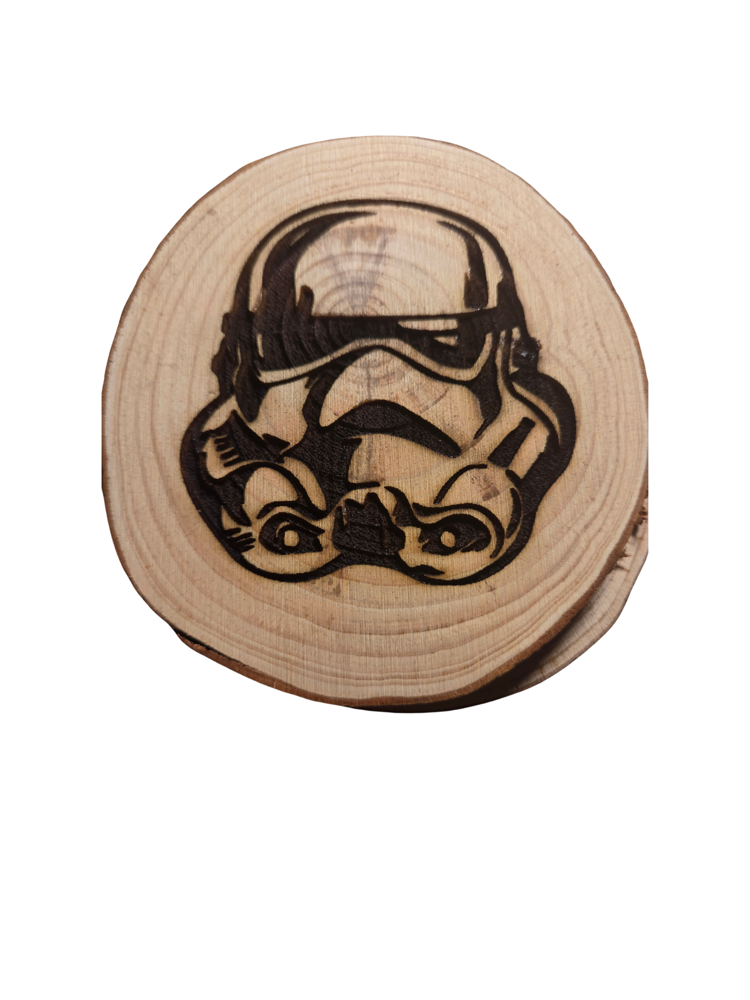 PINE LOG SLICE STORMTROOPER HELMET COASTER SET OF TWO