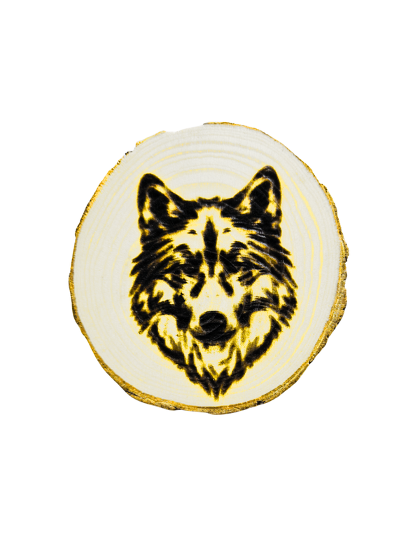 LASER ENGRAVED PINE LOG SLICE WOLF COASTER
