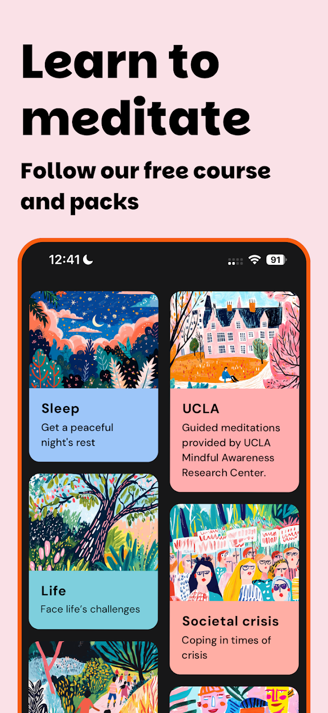 sample app screenshot: reads - learn to meditate, follow our free course and packs: sleep, UCLA, Life, Societal crisis