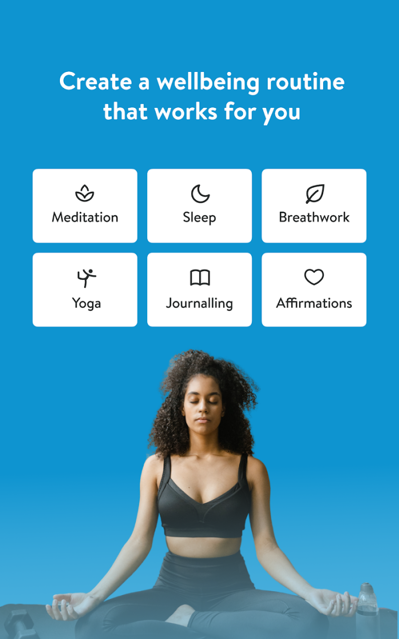 screen from insight timer showing different offerings including: meditation, sleep, breathework, yoga, journaling, and affirmations