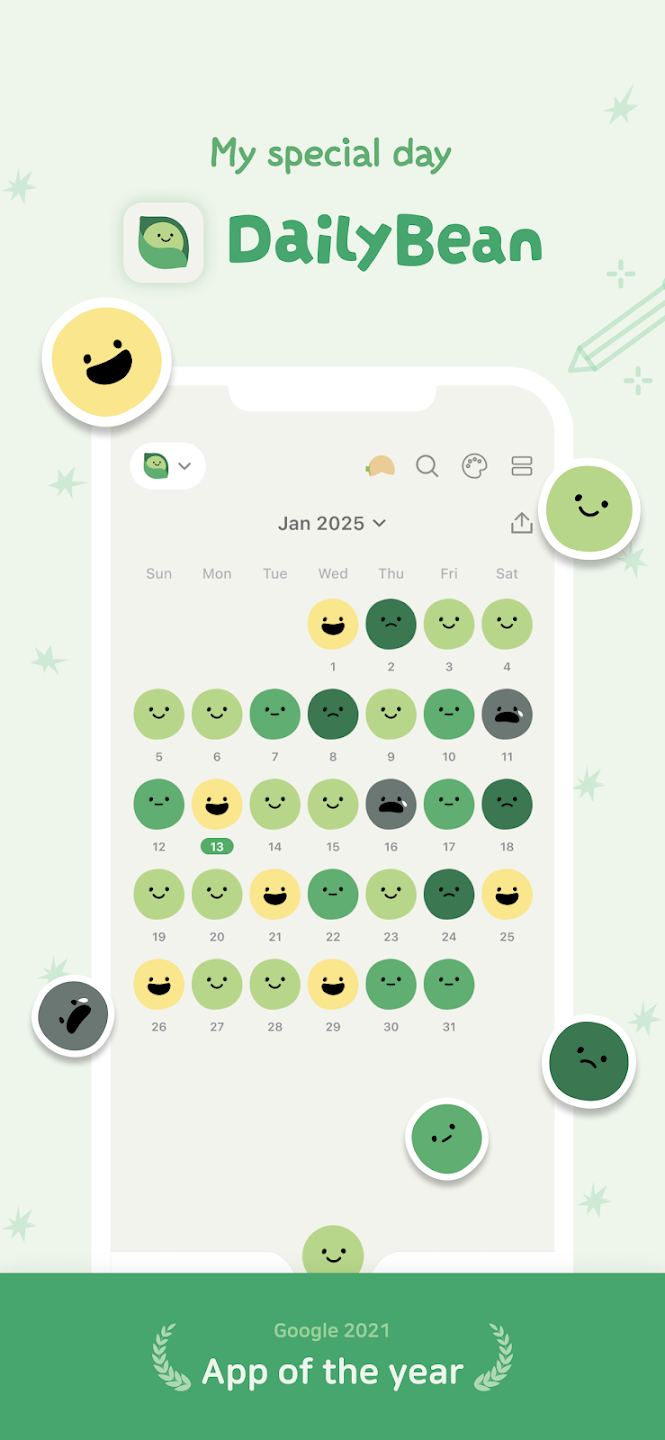 screen from daily bea, a mood tracker with cute emojis of peas