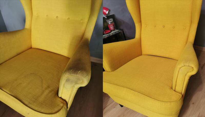 Pranie tapicerki dużego fotela wynosi około 90 zł w firmie Pulito w Puławach