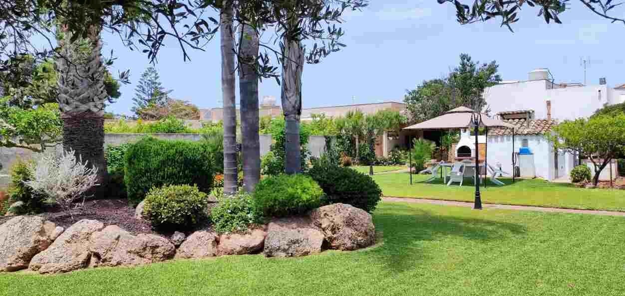 Al centro del prato della casa vacanze si trova una ampia isola con alberi e piante