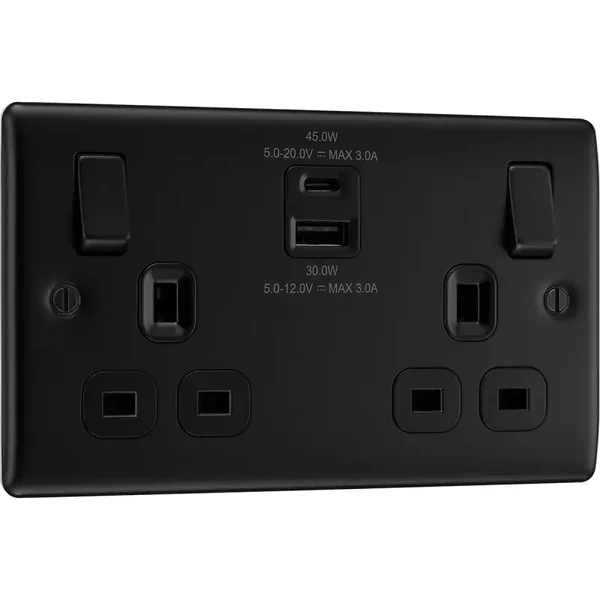 Matt Black Double Switched 13A Power Socket With USB Charging - USB A + C