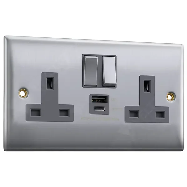 30W PD USB-C & 18W QC 4.0 USB-A, Super Fast Charging, Double Plug Wall 13A 2 Gang, Brushed Steel