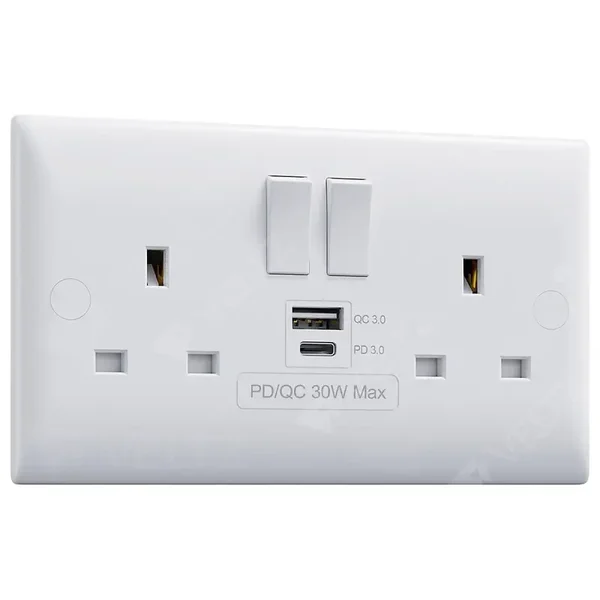30W PD USB-C & 18W QC 4.0 USB-A, Super Fast Charging, Double Plug Wall 13A 2 Gang, White