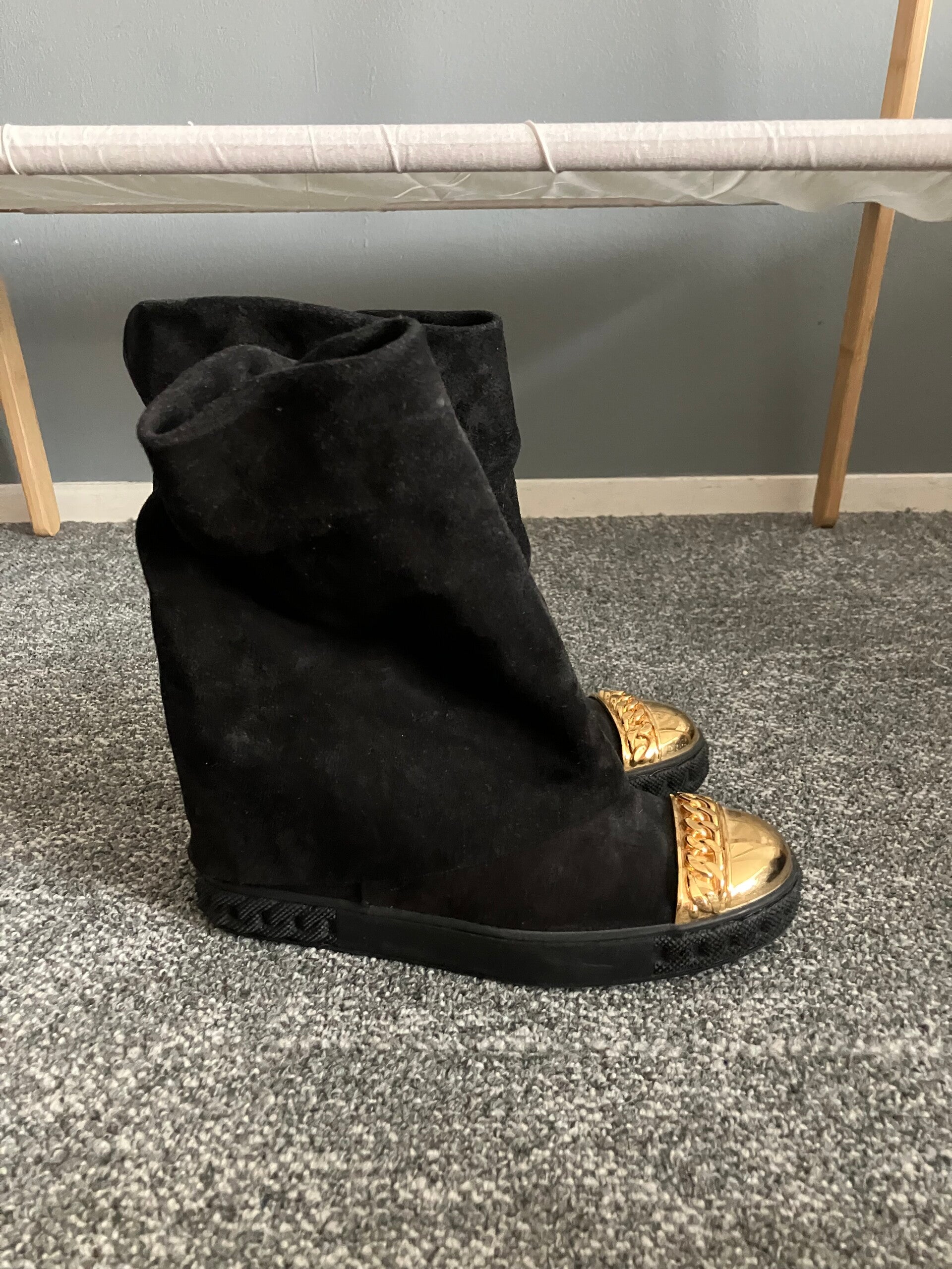 CASADEI Suede Souchon Wedge Boots Gold Cap-Toe - Melissa