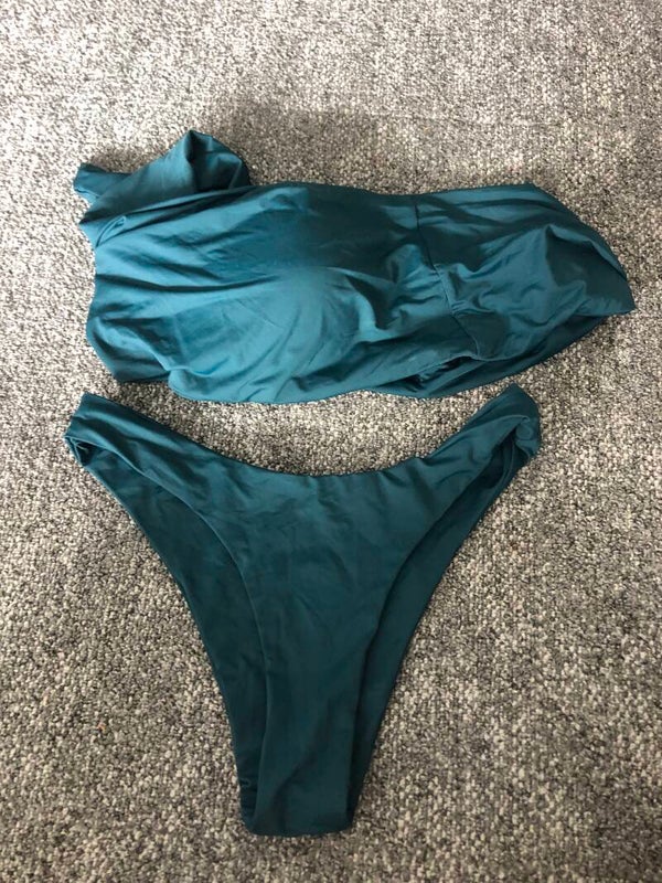 MYRASWIM asymmetric bandeau bikini teal – Rose Bertram