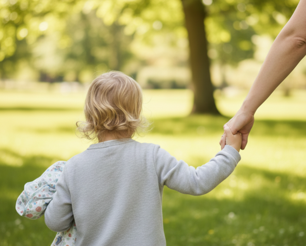 Kind von hinten, welches eine Kuscheldecke in der linken Hand hält. Rechte Hand hält die eines Erwachsenen.