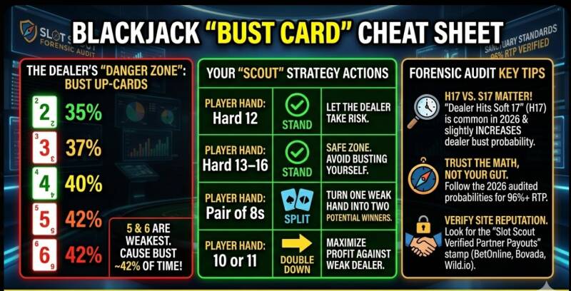 Blackjack probability chart showing dealer bust percentages for upcards 2 through 6