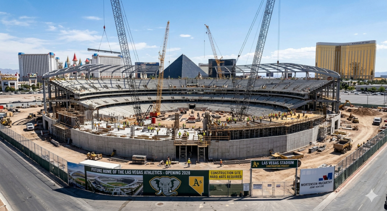 Vertical construction progress of the Las Vegas Athletics MLB stadium in March 2026, showing steel beams for the third and fourth decks on the former Tropicana site