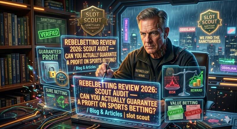 Forensic photo header featuring Slot Scout's retired police officer seated in a high-tech cyberpunk command bunker in rain-streaked from Las Vegas Nevada , using holographic interfaces to answer the question, 'Can You Actually Guarantee a Profit on Sport