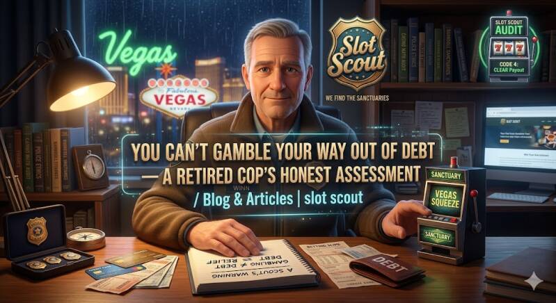 Forensic audit graphic featuring Slot Scout's retired police officer providing compassionate advice on why you can't gamble your way out of debt, set in a command center overlooking a Vegas skyline.