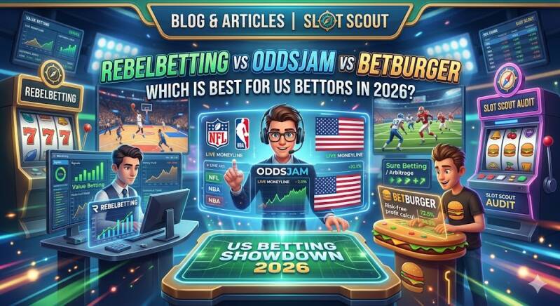 Forensic audit graphic comparing RebelBetting, OddsJam, and BetBurger for US sports bettors in 2026, featuring Slot Scout brand analytical tools and live betting odds showdown.