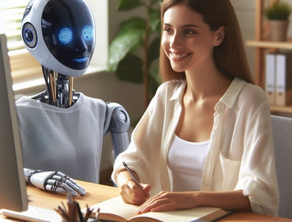 Un robot assiste une jeune femme qui rédige un texte