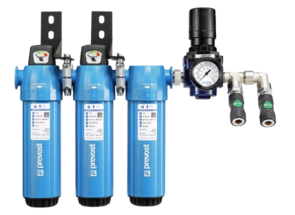 Filtereinheit (Mikro + Submikro + Aktivkohle) und Regler für Lackieranwendungen mit wässrigen Lacken