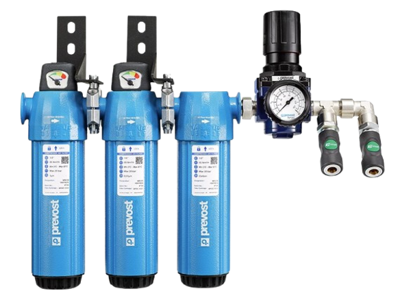 Filtereinheit (Mikro + Submikro + Aktivkohle) und Regler für Lackieranwendungen mit wässrigen Lacken
