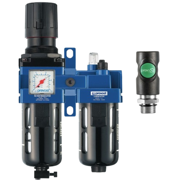 ALTO - Doppelblock - Filterregler mit Manometer, Öler, Sicherheitskupplung PrevoS1 und Wandbesfestigungsset