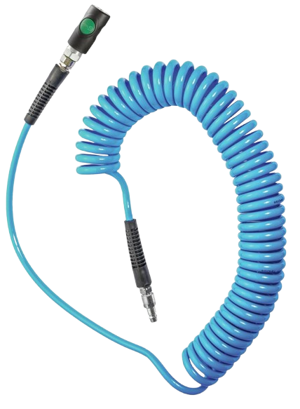 Konfektionierter blauer Polyurethan-Spiralschlauch mit Sicherheitsschnellkupplung PrevoS1