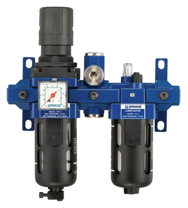 ALTO - Doppelblock - Filterregler mit Manometer, Öler, Wandbefestigungsset und Zwischenstück für ungeölte Luft