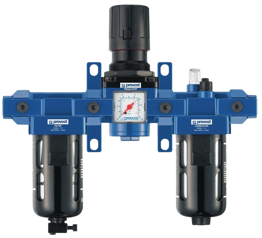 ALTO - Dreifachblock - Filterregler, Manometer und Öler, Wandbefestigungsset und Schnellverbinder für Leitungsanschluss