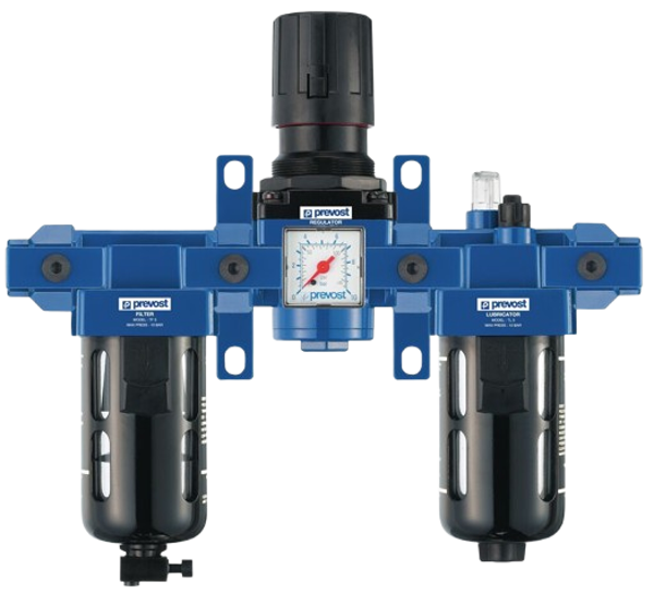 ALTO - Dreifachblock - Filterregler, Manometer und Öler, Wandbefestigungsset und Schnellverbinder für Leitungsanschluss