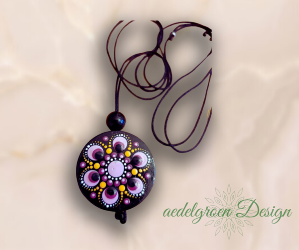Delicate necklace made of wood with Obsidian pearl "pinkflower" - on both sides