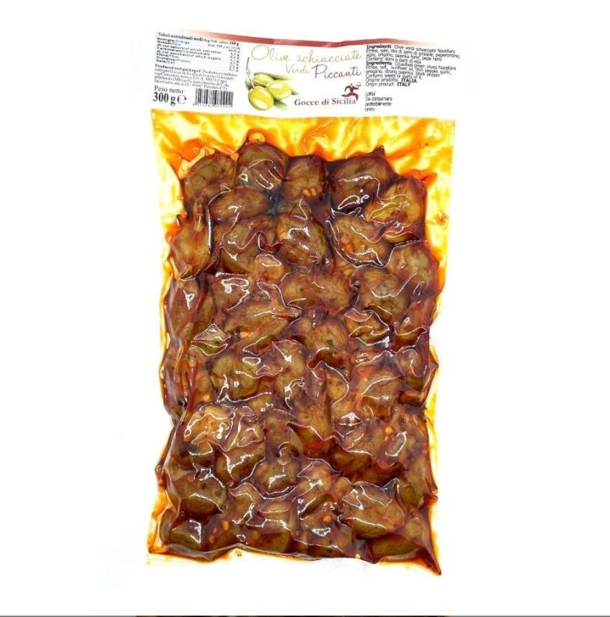 Olive verdi Nocellara dell'Etna schiacciate piccanti