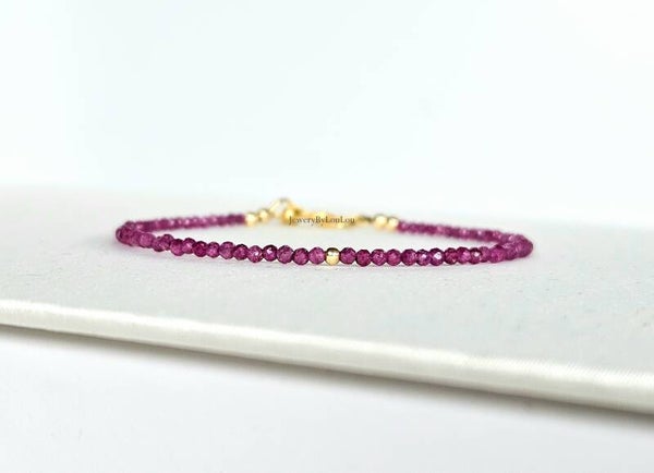 Ruby beaded bracelet 2mm, 14k gold-filled - 925 sterling silver