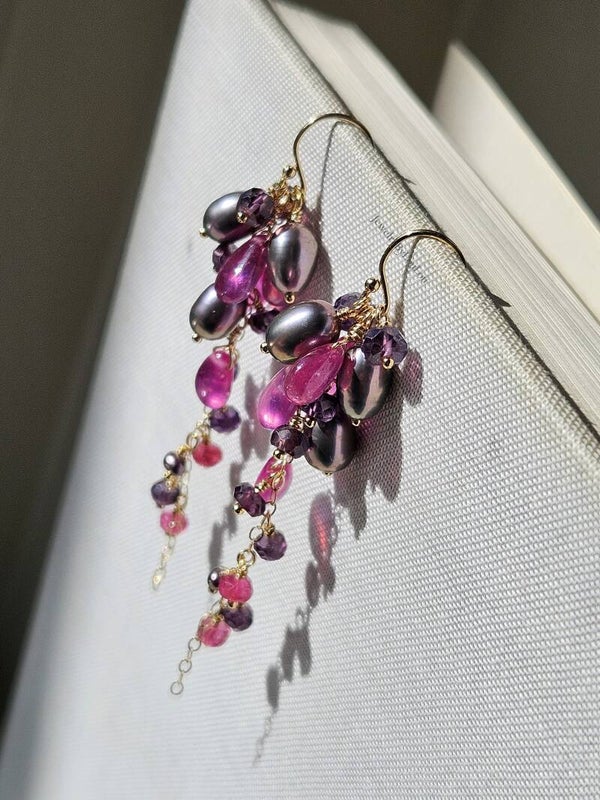 Cluster earrings with freshwater pearl, sapphire and spinel, 14k gold-filled - 925 sterling silver