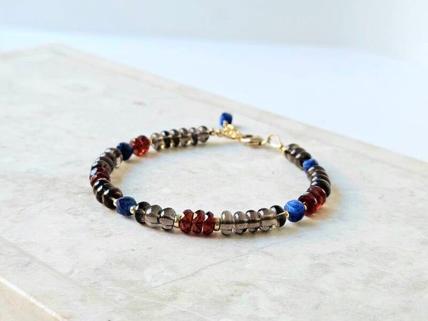 Smoky Quartz, Kyanite and Hessonite Garnet beaded bracelet, 14k gold-filled - 925 sterling silver