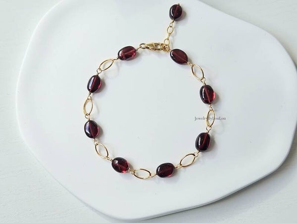 Mozambique Garnet beaded link bracelet, 14k gold-filled - 925 sterling silver