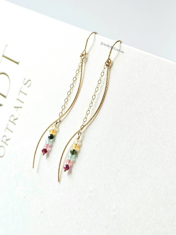 Multi Tourmaline long earrings, 14k gold-filled