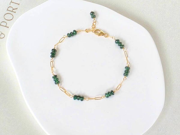Tsavorite beaded link chain bracelet, 14k gold-filled - 925 sterling silver