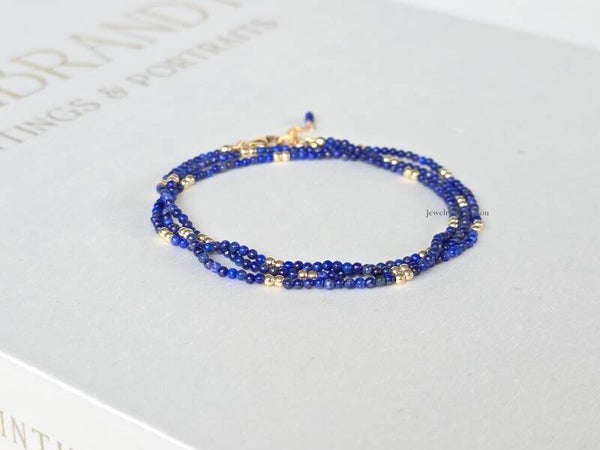 Lapis Lazuli beaded wrap bracelet, 14k goldfilled - 925 sterling silver